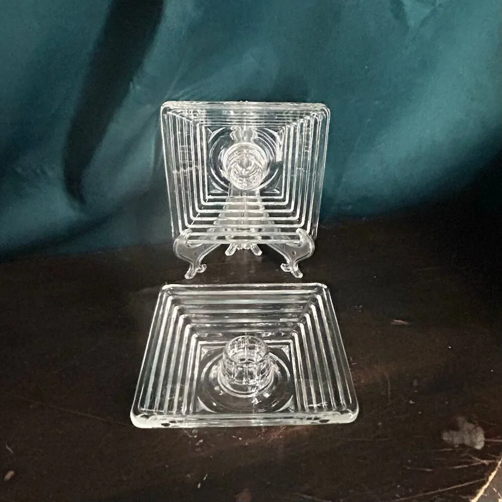 2 Vintage Art Deco Anchor Hocking Clear Manhattan Square Candleholder